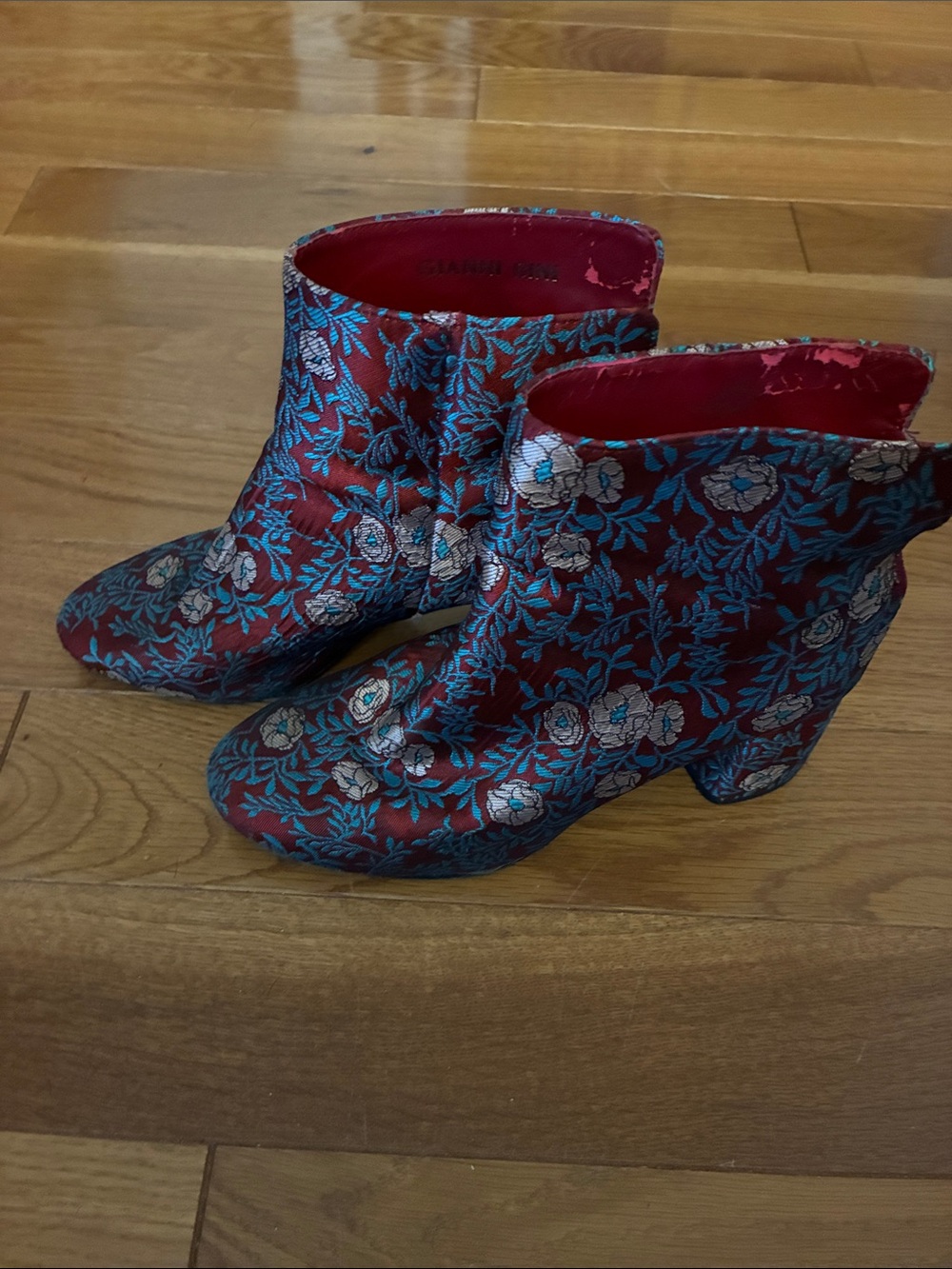 Gianni Bini Red Floral Brocade Ankle Boots with Teal Accents